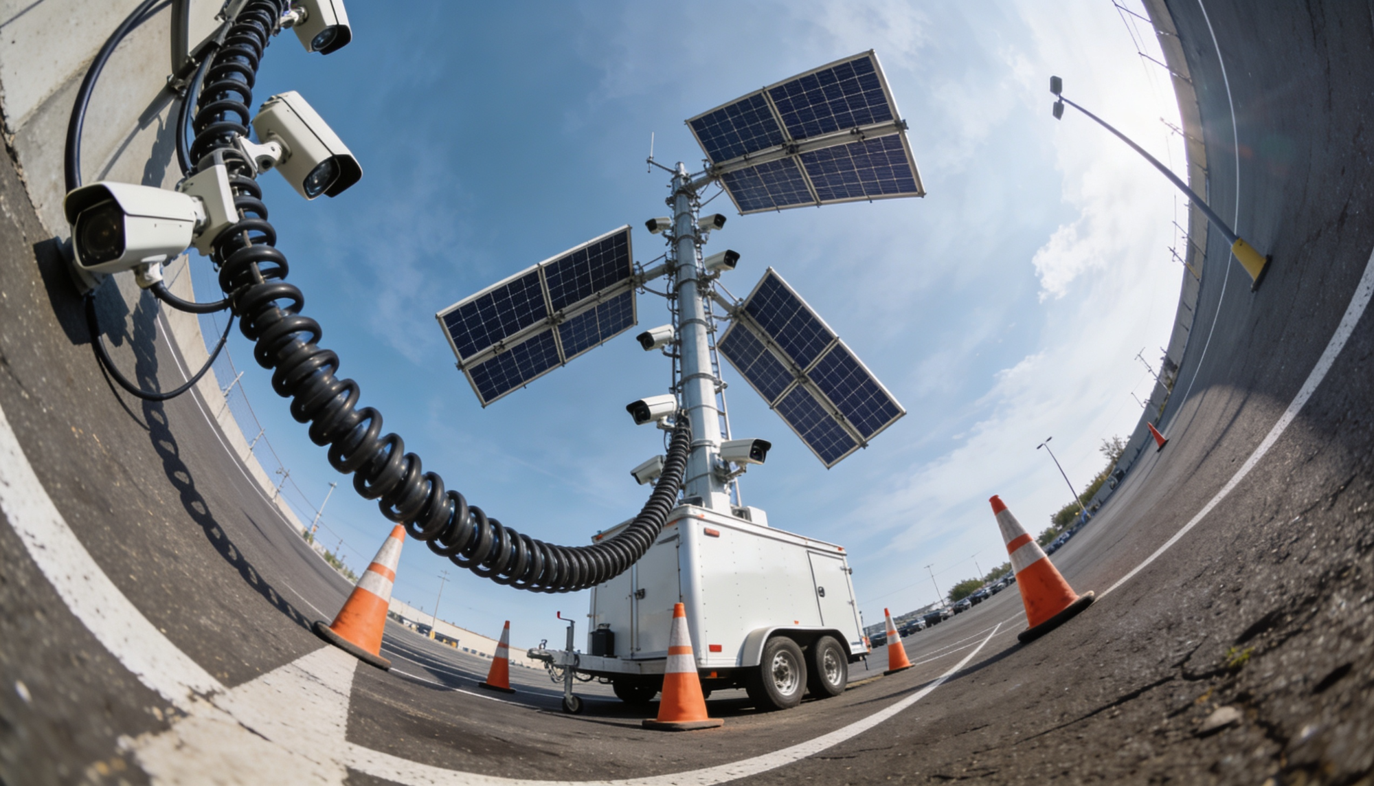 Low-angle view of a mobile security tower